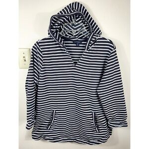 Lands End Striped Hoodie Pullover Womens XL Striped Pocket Coastal Classic Comfy